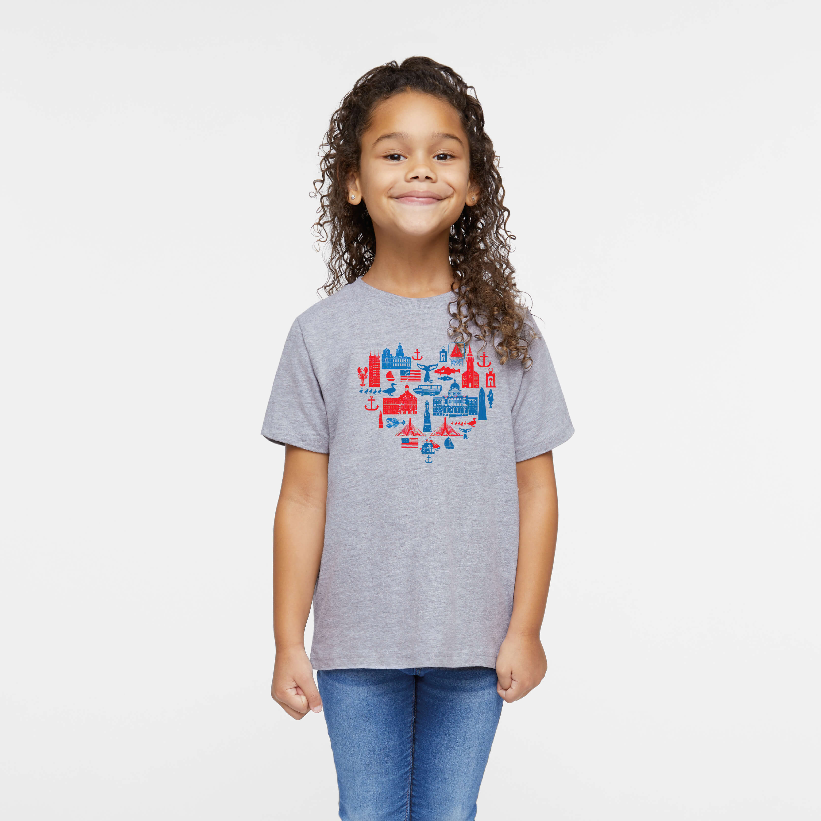 girl wearing heather grey t-shirt with red and blue heart shaped Boston icons design